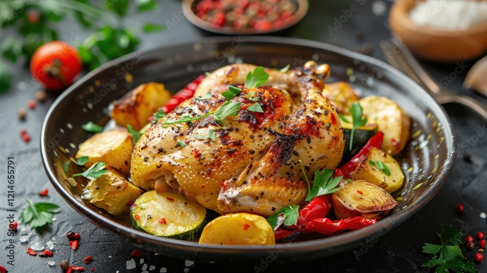 Roast chicken served with colorful vegetables on a rustic table, garnished with herbs and spices Roast chicken served with colorful vegetables on a rustic table, garnished with herbs and spices