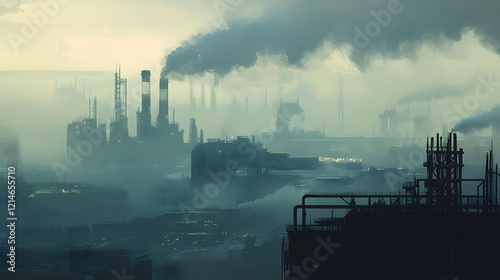 industrial zone with chimneys releasing plumes of smoke into the atmosphere 