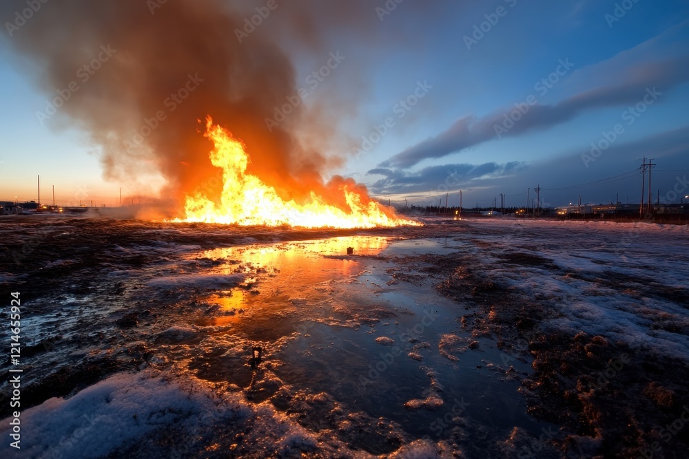 Fototapeta premium Bright flames erupt over a wet, muddy surface under a striking blue sky, creating a vivid juxtaposition of fire and water, evoking feelings of tension and conflict.