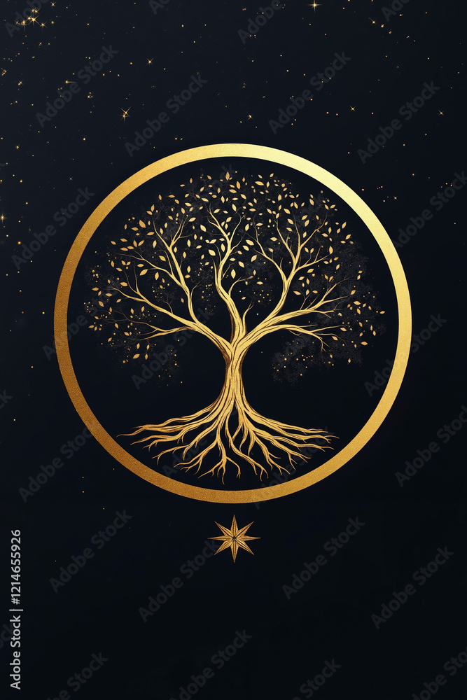 Fototapeta premium A gold tree of life in a circle with a star in the middle