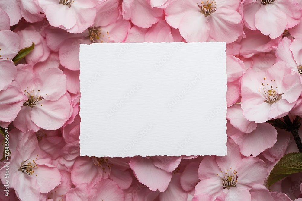 Feminine wedding, birthday mockup scene. Closeup of blank cotton paper card, invitation on pink floral petals. Sakura, japanese cherry tree blossoms. Spring floral, composition. Flat lay, top view. Feminine wedding, birthday mockup scene. Closeup of blank cotton paper card, invitation on pink floral petals. Sakura, japanese cherry tree blossoms. Spring floral, composition. Flat lay, top view.