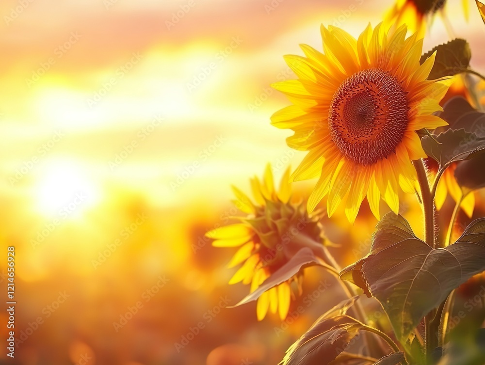 Obraz premium Sunflowers at sunset, bathed in warm, golden light, a vibrant display of nature's beauty.