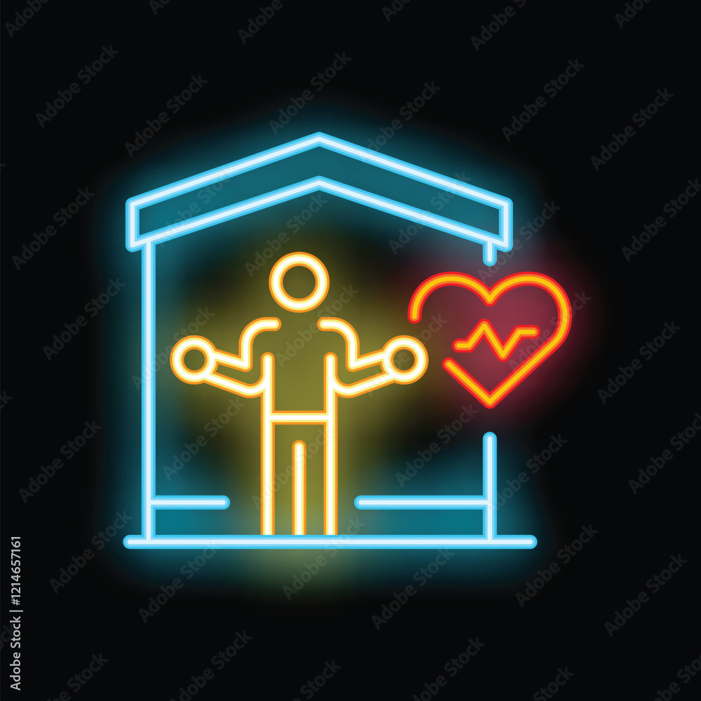 Neon sign of a man working out at home lifting weights with a heartbeat icon, concept of home workout for healthy lifestyle Neon sign of a man working out at home lifting weights with a heartbeat icon, concept of home workout for healthy lifestyle
