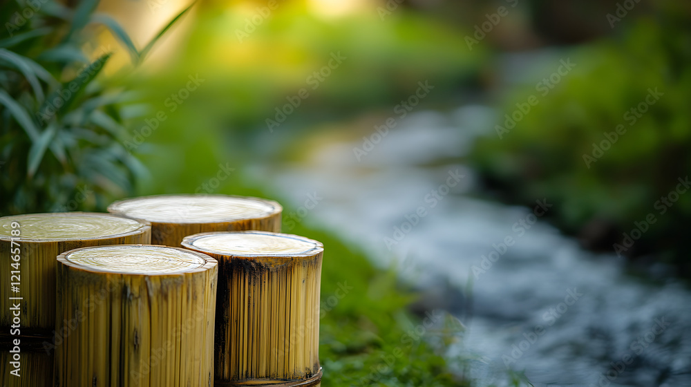 Serene bamboo containers by a tranquil stream surrounded by lush greenery. Serene bamboo containers by a tranquil stream surrounded by lush greenery.