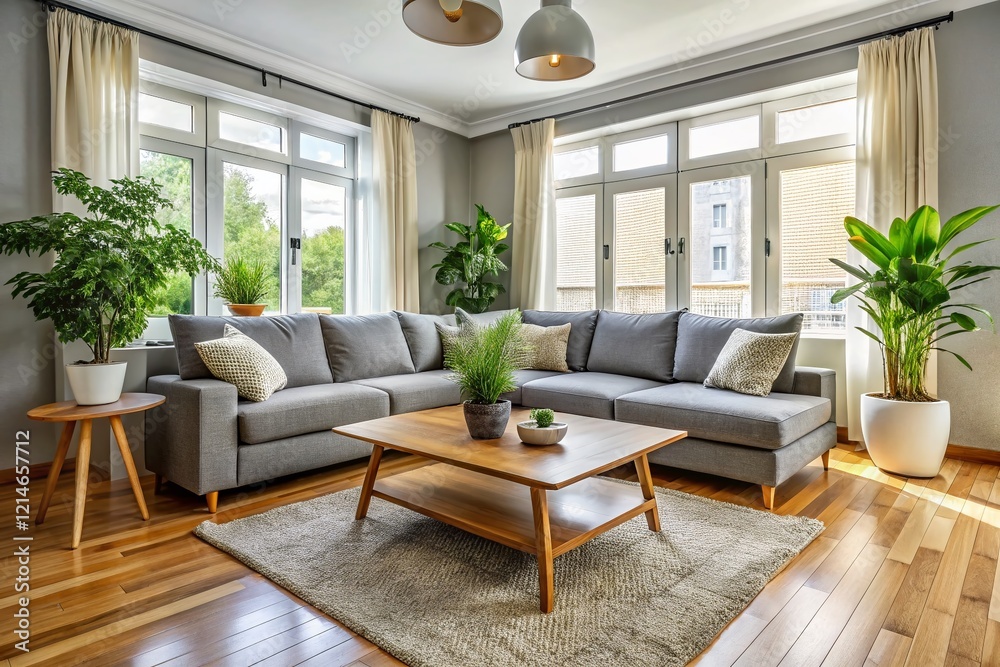 Spacious Modern Living Room Interior Design with Comfortable Sofa, Coffee Table, and Potted Plant Spacious Modern Living Room Interior Design with Comfortable Sofa, Coffee Table, and Potted Plant