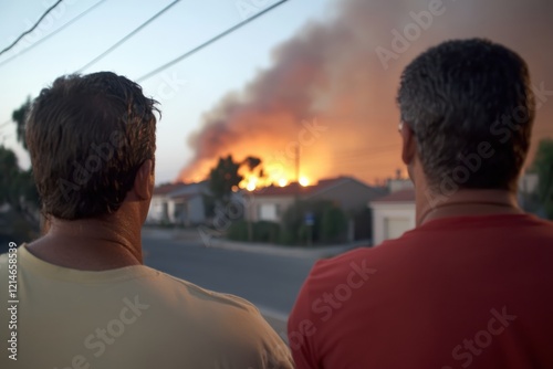 Two men stand side by side, gazing at the inferno destroying a structure, representing the profound feelings of helplessness and solidarity during emergencies.