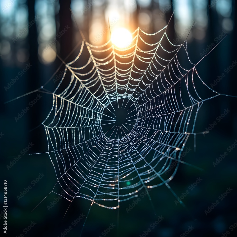 Naklejka premium Glowing Beads Morning Dew on Spider Web in Forest