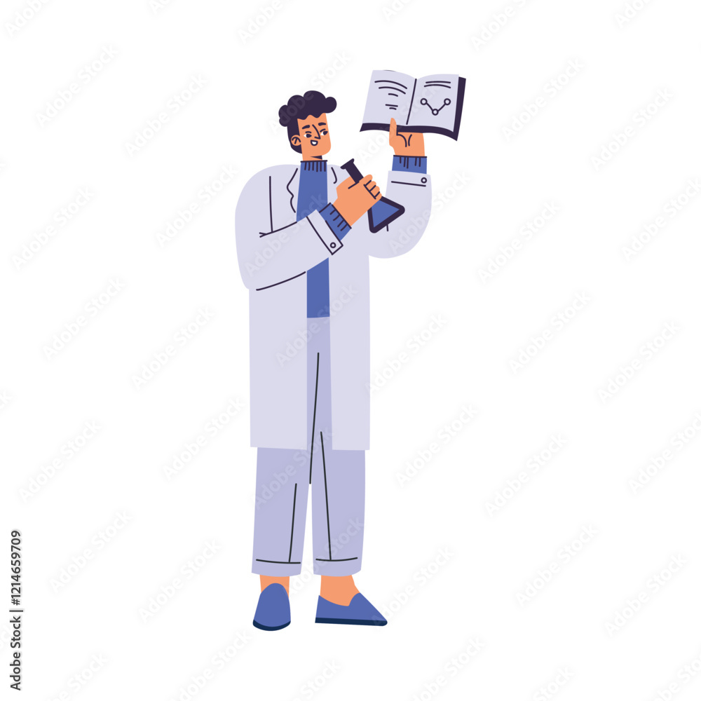 Man Scientist Character in Coat Standing with Book Vector Illustration Man Scientist Character in Coat Standing with Book Vector Illustration