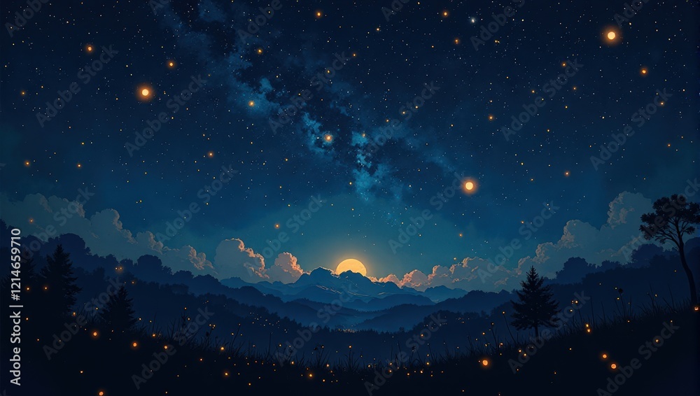 Fototapeta premium A breathtaking night vista reveals a deep-blue sky dominated by a central moon, casting its glow over silhouetted mountain peaks, creating an ethereal landscape bathed in lunar light