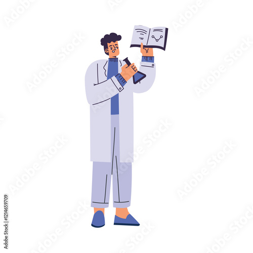 Man Scientist Character in Coat Standing with Book Vector Illustration