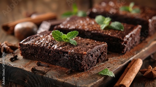 Deliciously rich brownies topped with mint leaves, served on a rustic wooden board with spices