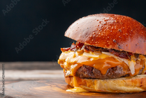 This mouthwatering cheeseburger features a perfectly cooked patty topped with crispy bacon and oozy melted cheese, all nestled within a golden brioche bun.