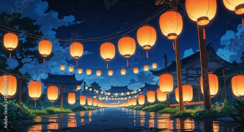 Ghibliinspired highly detailed lantern scenery on anime background photo