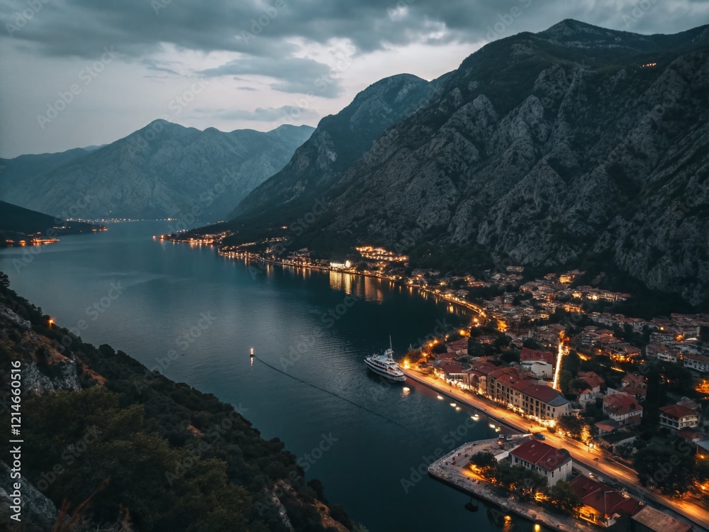 Bay of Kotor Montenegro Night Cityscape - Low Light Photography Stock Photo
