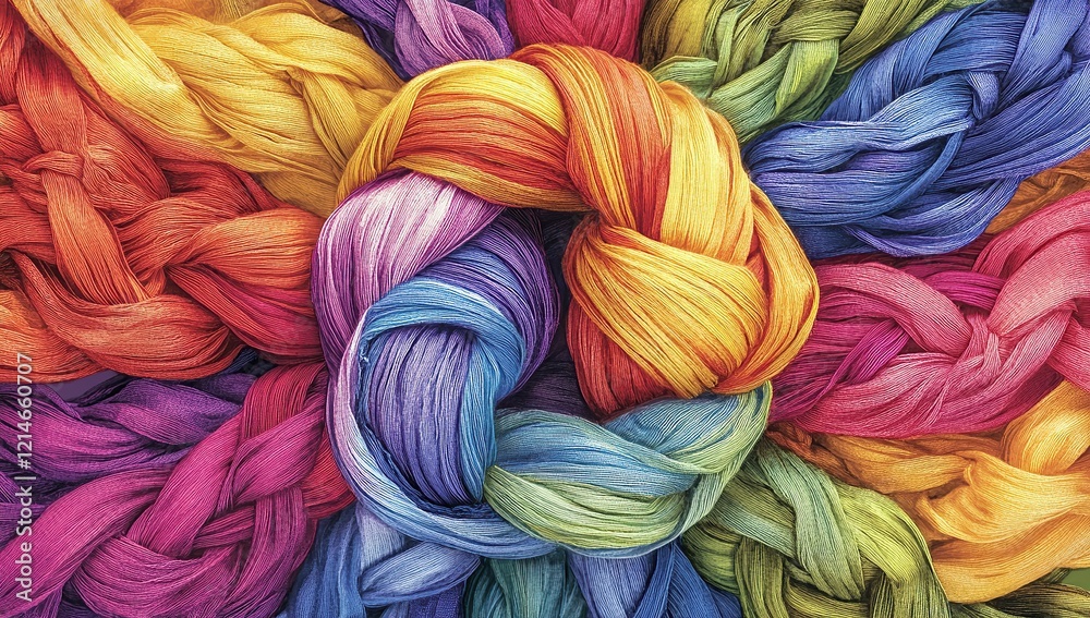 A colorful background featuring an intricate knot made of rainbow-colored threads A colorful background featuring an intricate knot made of rainbow-colored threads