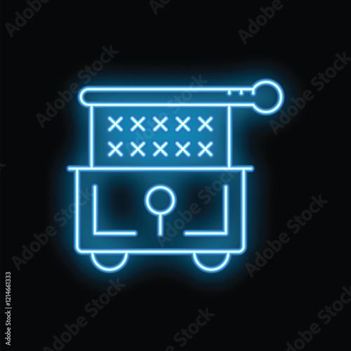 Glowing blue neon icon of a vintage chest being moved by a cart on black background