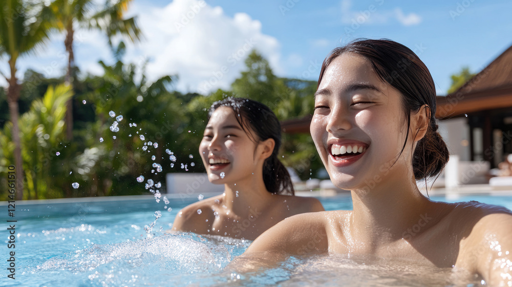 Korean woman and her friend swimming in a luxury tropical resort pool Korean woman and her friend swimming in a luxury tropical resort pool