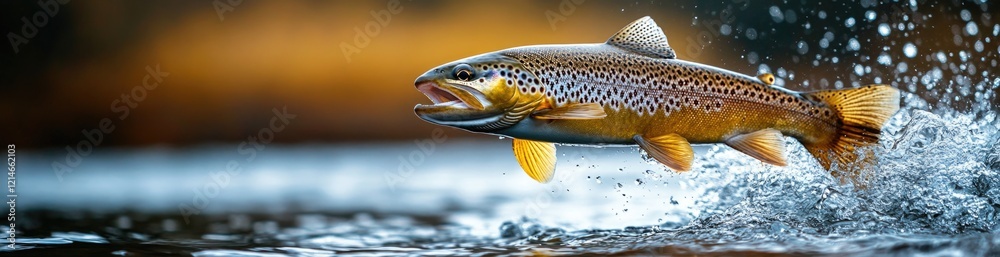 A brown trout leaps from the water, creating splashes in its attempt to escape. In the background, a fishing shop is visible, hinting at an early morning fishing adventure, banner.