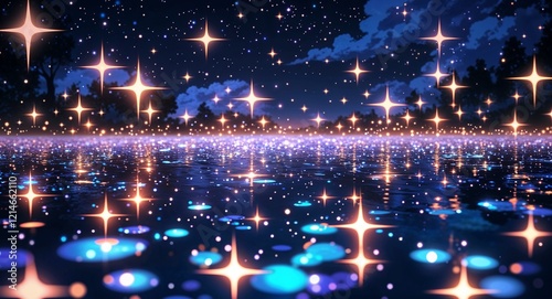 Highly detailed shimmering starlight reflections on anime background