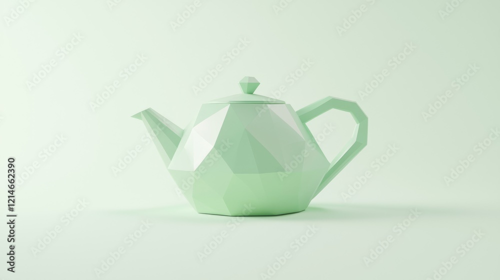 Geometric Low-Poly Faceted Teapot in Pastel Green - Ultra-Detailed 3D Artwork on Light Background Cinematic Scene Geometric Low-Poly Faceted Teapot in Pastel Green - Ultra-Detailed 3D Artwork on Light Background Cinematic Scene