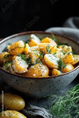 A classic potato salad dish topped with chopped dill and hard-boiled eggs