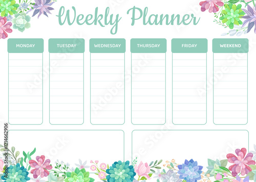Succulent Weekly Planner Design with Fleshy Green Plant and Flora Vector Template