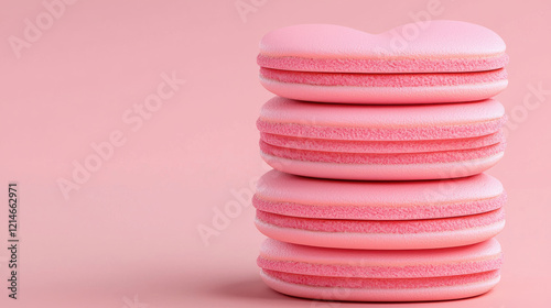 Pink heart shaped macarons stacked on pastel background