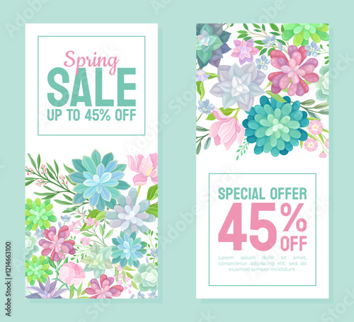 Succulent Spring Sale Card Design with Fleshy Green Plant and Flora Vector Template