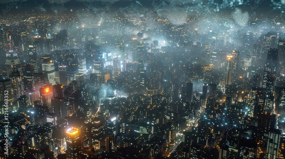 Naklejka premium Aerial view of a bustling city at night, illuminated skyscrapers amidst fog and rain, vibrant atmosphere
