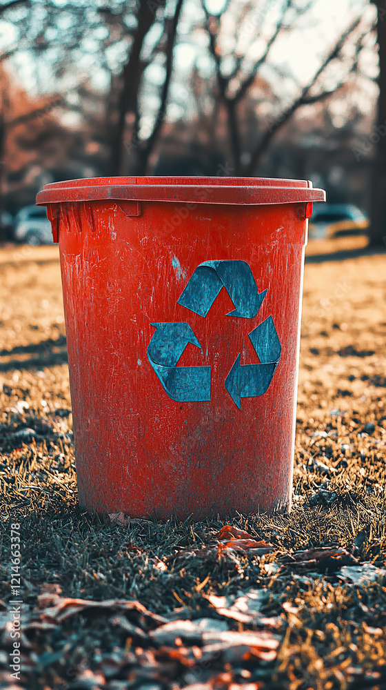 Red recycling bin with a recycle symbol on the grass in a park Red recycling bin with a recycle symbol on the grass in a park