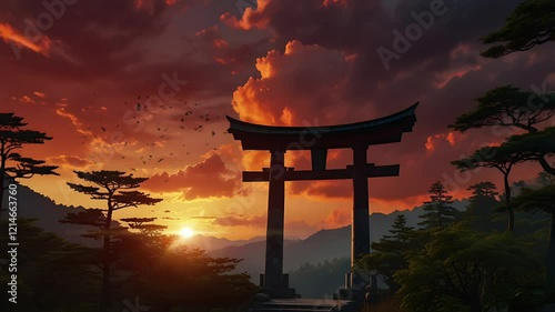 The pagoda gate visible from a distance at sunset. Seamless 4K looping timelapse video animation background
