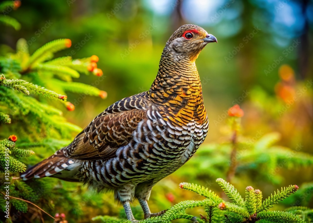 Obraz premium Spruce Grouse in Alaskan Wilderness: A Candid Portrait of Wildlife