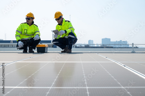 Wallpaper Mural Young engineer in uniform sits on a solar farm, clean energy Torontodigital.ca