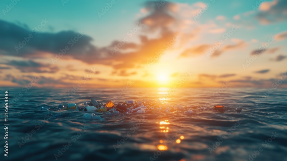 Environmental crisis ocean pollution marine ecosystem digital sunset view climate awareness Environmental crisis ocean pollution marine ecosystem digital sunset view climate awareness