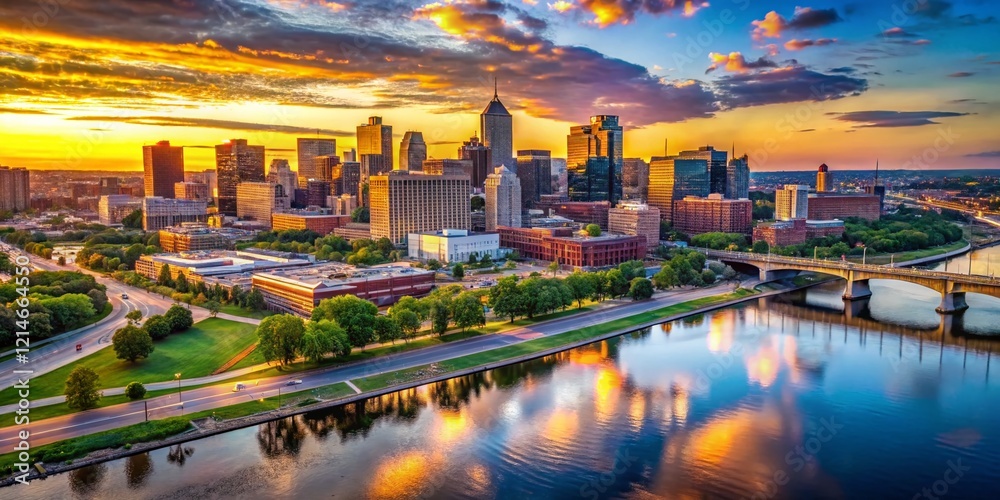 Fototapeta premium St. Paul Minnesota Aerial Cityscape Sunset Reflection Mississippi River
