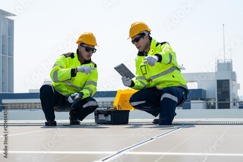 Wallpaper Mural Young engineer in uniform sits on a solar farm, clean energy Torontodigital.ca