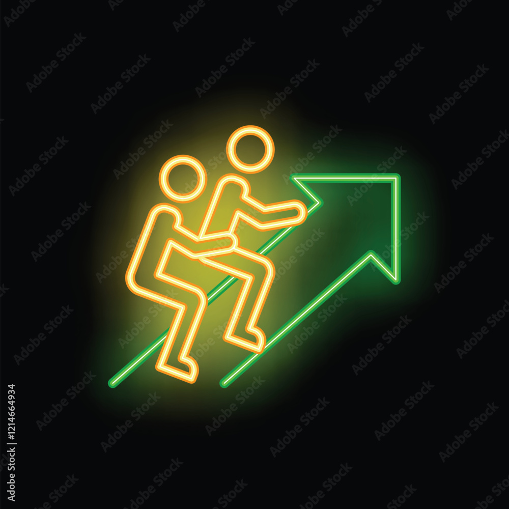 Neon sign illustrating two businessmen climbing an arrow symbolizing business growth Neon sign illustrating two businessmen climbing an arrow symbolizing business growth