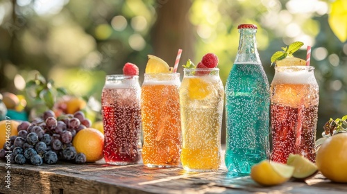 Summery picnic table with soda glasses and fruit garnishes