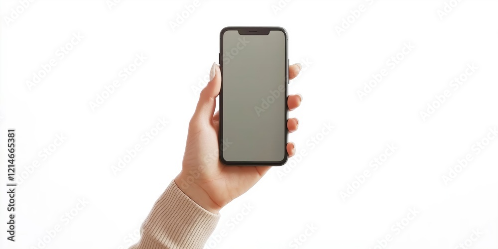 Hand holding sleek smartphone with green mockup screen Hand holding sleek smartphone with green mockup screen