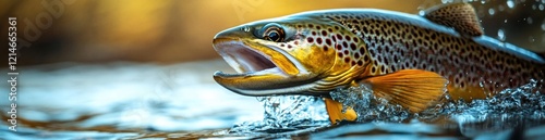 A brown trout leaps from the water, creating splashes in its attempt to escape. In the background, a fishing shop is visible, hinting at an early morning fishing adventure, banner.