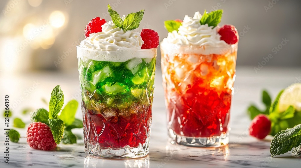 Colorful soda glasses with whipped cream and fruit on marble surface Colorful soda glasses with whipped cream and fruit on marble surface
