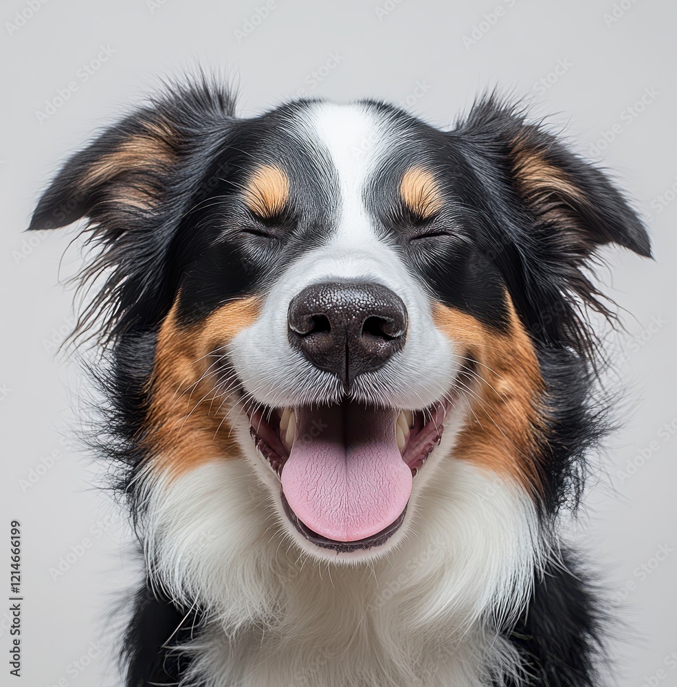 Joyful and Playful Dog Portrait: An Adorable Close-Up of a Smiling Border Collie with Bright Eyes and Fluffy Fur on a Neutral Background Joyful and Playful Dog Portrait: An Adorable Close-Up of a Smiling Border Collie with Bright Eyes and Fluffy Fur on a Neutral Background