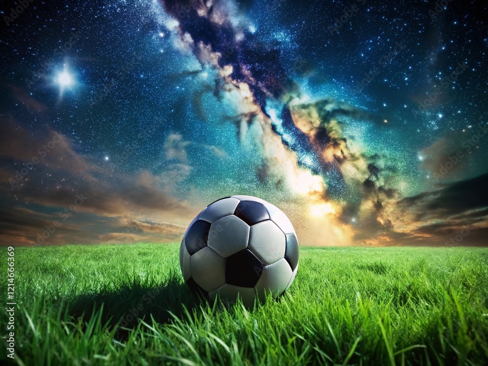 Fototapeta premium Starry Night Soccer: Football on Grass Under Night Sky - Stunning Astro Photography