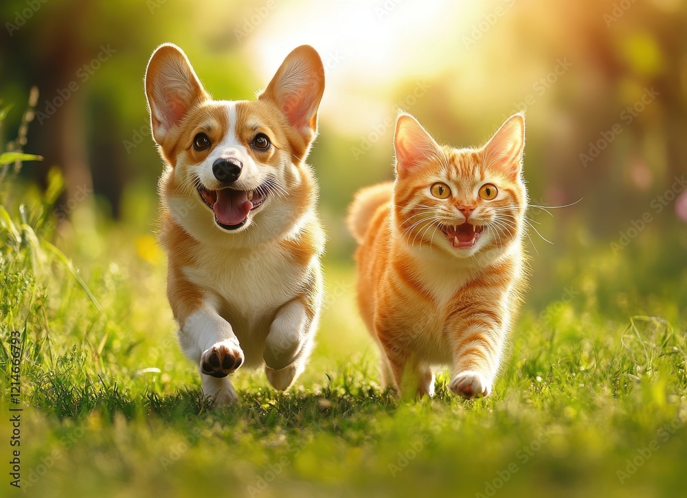 Joyful Corgi and Playful Ginger Cat Running Together in the Vibrant Green Grass Under the Sunlit Sky, Capturing Pure Friendship and Happiness in Nature Joyful Corgi and Playful Ginger Cat Running Together in the Vibrant Green Grass Under the Sunlit Sky, Capturing Pure Friendship and Happiness in Nature