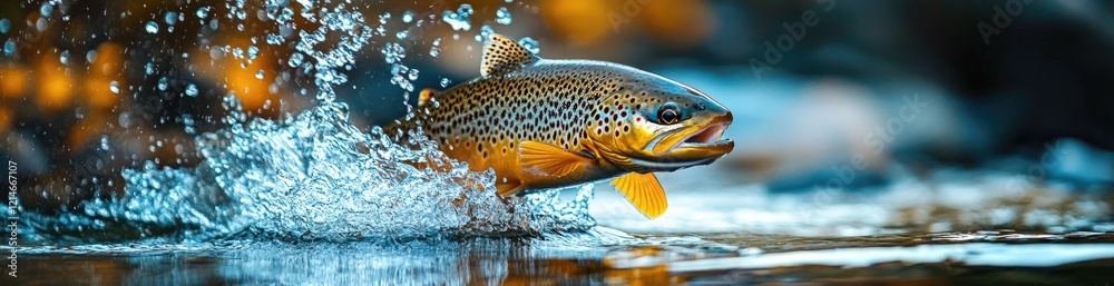 A brown trout leaps from the water, creating splashes in its attempt to escape. In the background, a fishing shop is visible, hinting at an early morning fishing adventure, banner. A brown trout leaps from the water, creating splashes in its attempt to escape. In the background, a fishing shop is visible, hinting at an early morning fishing adventure, banner.