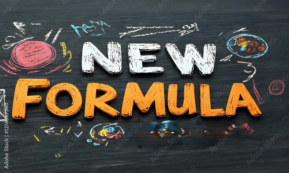 New Formula concept on chalkboard with colorful doodles.