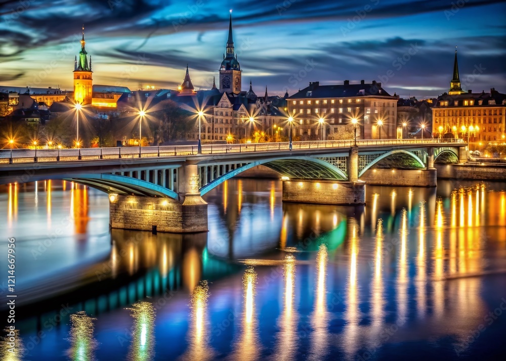 Naklejka premium Stockholm Bridge Night Photography: Illuminated Architecture over Water