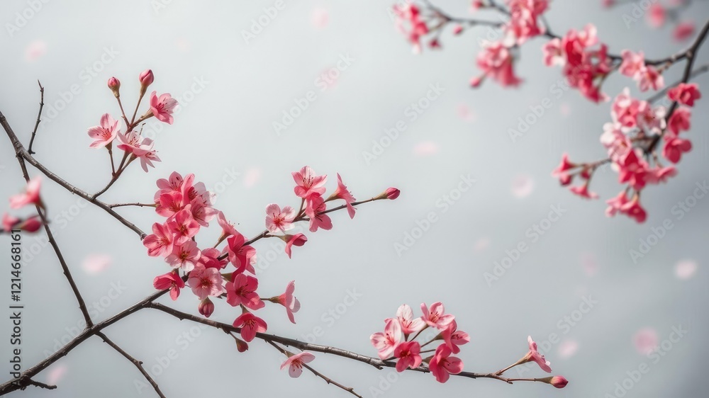 Delicate red cherry blossom branches against a soft gray-blue background with subtle pink undertones and white accents, branch design, spring inspiration Delicate red cherry blossom branches against a soft gray-blue background with subtle pink undertones and white accents, branch design, spring inspiration
