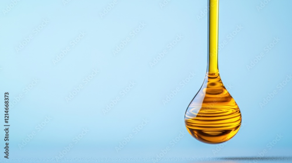 Vitamin and metabolism essential, A single drop of golden oil hangs from a thin tube against a soft blue background, showcasing its smooth texture and rich color. Vitamin and metabolism essential, A single drop of golden oil hangs from a thin tube against a soft blue background, showcasing its smooth texture and rich color.