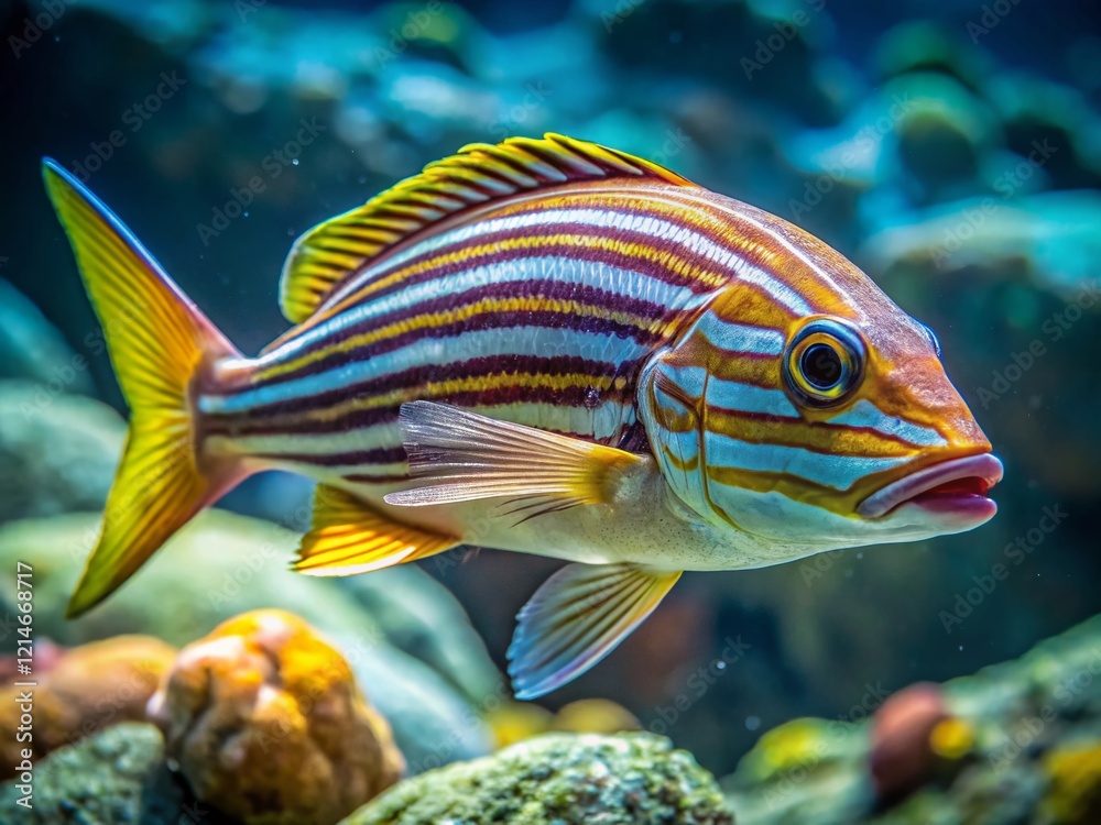 Fototapeta premium Striped Seabed Fish: Underwater Documentary Photography of Medium-Sized Fish